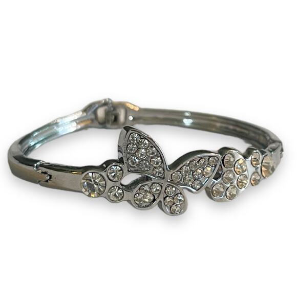 Butterfly Silver Rhinestone Bangle Bracelet - Picture 2 of 4